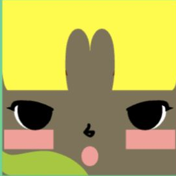 Dark avatar with blocky yellow hair, narrow eyes, pink cheek bars, and an open mouth