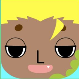 Brown avatar with swept yellow hair, half-closed eyes, and a green cheek curl