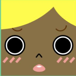 Dark avatar with sweeping yellow hair, huge outlined eyes, and pink blush stripes