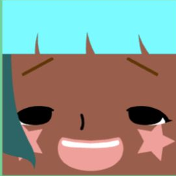 Dark avatar with short aqua hair, a pink star cheek, and a broad white smile