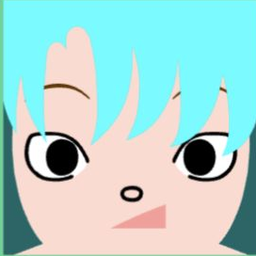 Avatar with side-swept aqua bangs, large outlined eyes, and a coral triangle mouth
