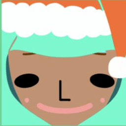 Dark avatar in an aqua winter hat with white trim and a long pink smile