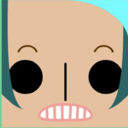 Tan avatar with huge black eyes, a tiny aqua side lock, and clenched striped teeth