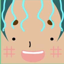 Brown avatar with curling aqua bangs, dot eyes, grid cheeks, and a broad smile