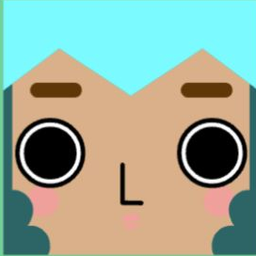 Brown avatar with spiky aqua hair, large outlined eyes, and a small pink smile