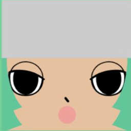 Tan avatar with a flat gray bob, aqua side curls, and a round pink mouth