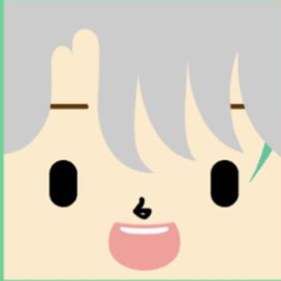 Avatar with side-swept gray fringe, black dot eyes, and an open coral smile