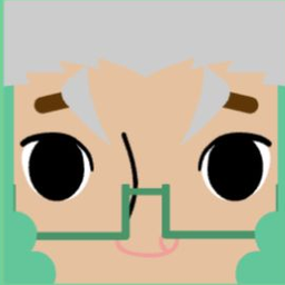 Peach avatar with spiky gray hair, mint square glasses, and a small pink smile