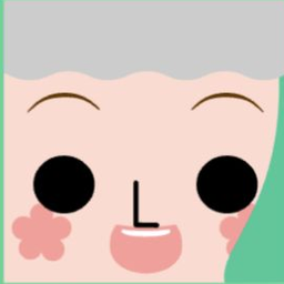 Pink avatar with scalloped gray hair, a coral flower cheek, and a wide open smile