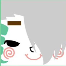 White avatar with gray hair covering one eye, a mint spiral cheek, and a curled smile