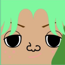 Brown avatar with center-parted green hair, sleepy eyes, and a tiny cat mouth