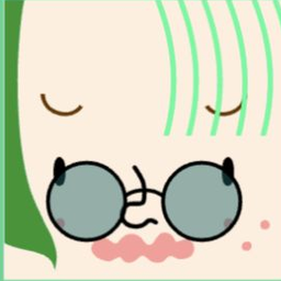 Pink avatar with striped mint bangs, round green glasses, and scalloped lips