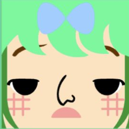Pink avatar with curled mint bangs, a lavender bow, sleepy eyes, and a frown