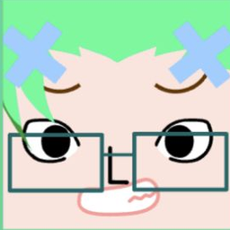 White avatar with mint hair, lavender X clips, square glasses, and a curled smile