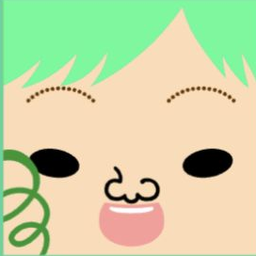Peach avatar with short mint hair, dotted brows, black eyes, and a cat-like grin