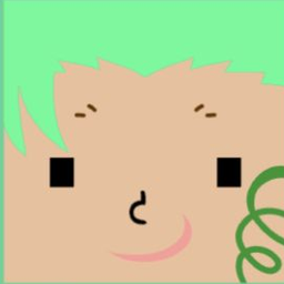 Tan avatar with mint hair, square black eyes, a cheek curl, and a small smile
