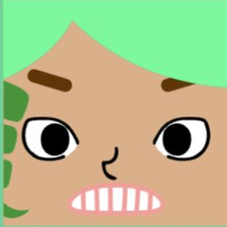 Tan avatar with diagonal mint hair, bold brows, wide eyes, and clenched teeth