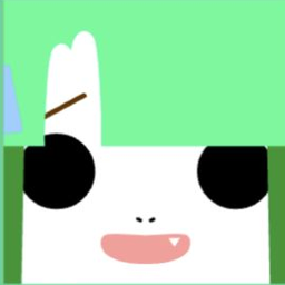 White avatar with blocky mint hair, black oval eyes, and a tiny fang smile