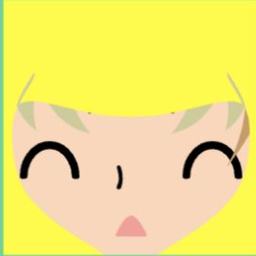 Avatar with bright yellow hair, closed happy eyes, and a small triangle mouth