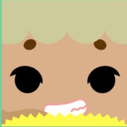 Tan avatar with scalloped sage hair, black eyes, and a sideways toothy grin