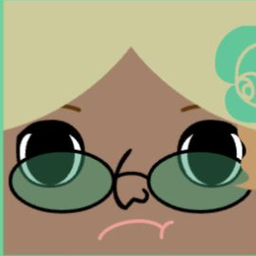 Brown avatar with sage hair, round green glasses, and a worried pink frown