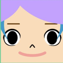 Avatar with side-parted lavender hair, huge outlined eyes, and a broad pink smile