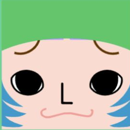 Pink avatar with a green bob, large black eyes, and a curled pink smile
