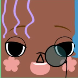 Brown avatar with lavender curls, a round green monocle, and flower cheeks