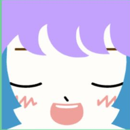 White avatar with curled lavender bangs, closed eyes, and a cheerful open smile