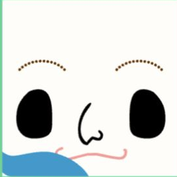 White avatar with dotted brows, black oval eyes, and a curled cat-like smile