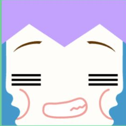 White avatar with pointed lavender hair, striped closed eyes, and a toothy smile