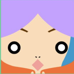 White avatar with a lavender bob, wide round eyes, an orange scarf, and a diamond mouth