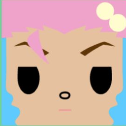 Tan avatar with short pink hair, blue side locks, bold brows, and a tiny round mouth