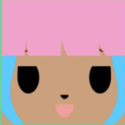 Tan avatar with straight pink bangs, black eyes, blue side hair, and its tongue out