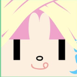 Avatar with pink side hair, crossed cream bangs, tall black eyes, and a curled smile