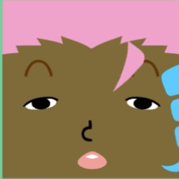 Dark olive avatar with swept pink hair, half-closed eyes, and a small round mouth