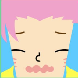 Avatar with pink hair, blue side locks, closed eyes, and scalloped pink lips