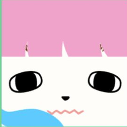 White avatar with flat pink bangs, blue side hair, large outlined eyes, and wavy lips