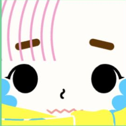 White avatar with striped pink bangs, blue side curls, black eyes, and a yellow scarf