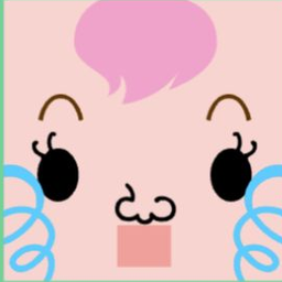 Pink avatar with a bubble-shaped forelock, long lashes, aqua curls, and a square mouth