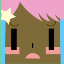 Dark avatar with swept pink hair, a yellow star clip, tall eyes, and pink cheek blocks