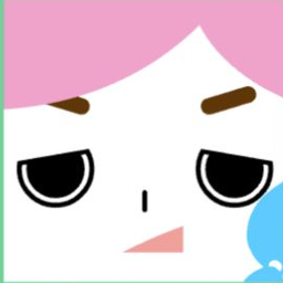 White avatar with a sweeping pink fringe, blue side curl, and half-closed eyes