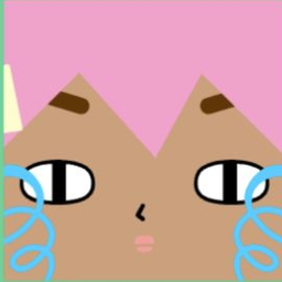 Tan avatar with pointed pink bangs, sideways eyes, aqua curls, and tiny lips