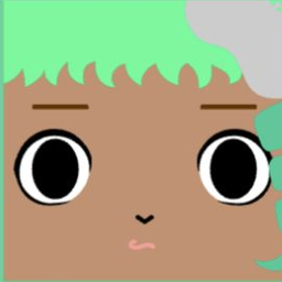 Tan avatar with jagged mint bangs, a gray cap, large outlined eyes, and a tiny mouth