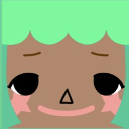 Brown avatar with scalloped mint bangs, black eyes, a triangle nose, and a broad smile