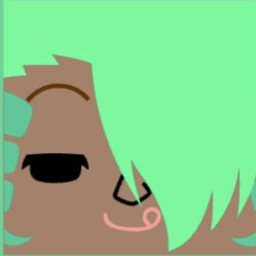 Brown avatar with heavy mint hair covering one eye and a curled pink smile