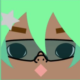 Brown avatar with pointed mint bangs, oversized teal sunglasses, and a diamond mouth