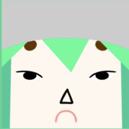 White avatar with a gray cap, triangular mint fringe, narrow eyes, and a frown