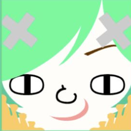 White avatar with diagonal mint bangs, gray X clips, striped cheeks, and a curled smile