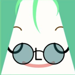 White avatar with mint side streaks, round gray glasses, and a broad pink smile